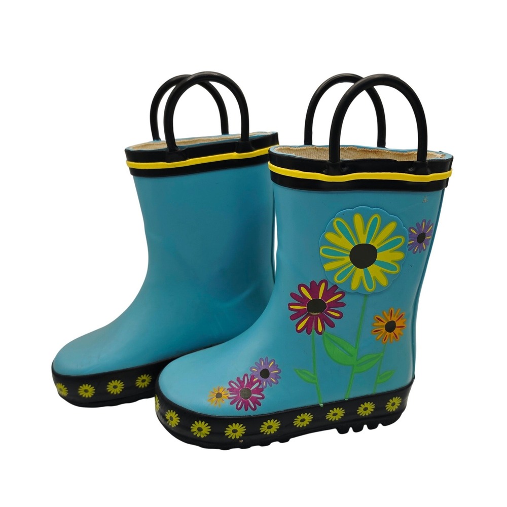 Unbranded Rain Boots Kids Size 5 Blue Daisy Floral Waterproof Pull On Rubber